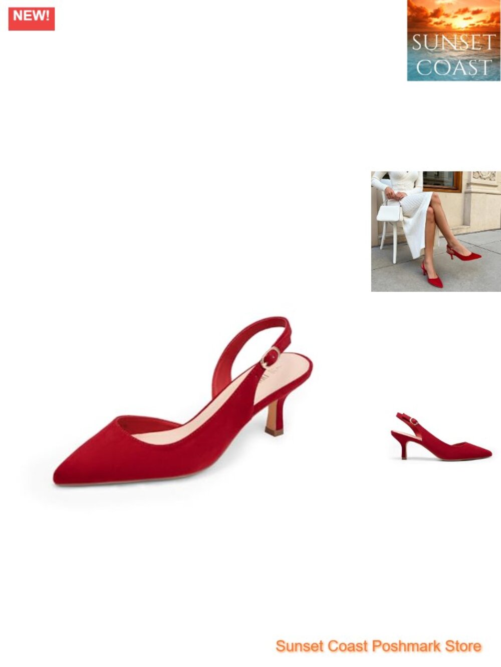 Kitten Slingback Pumps Pointed Toe Faux Suede Heels